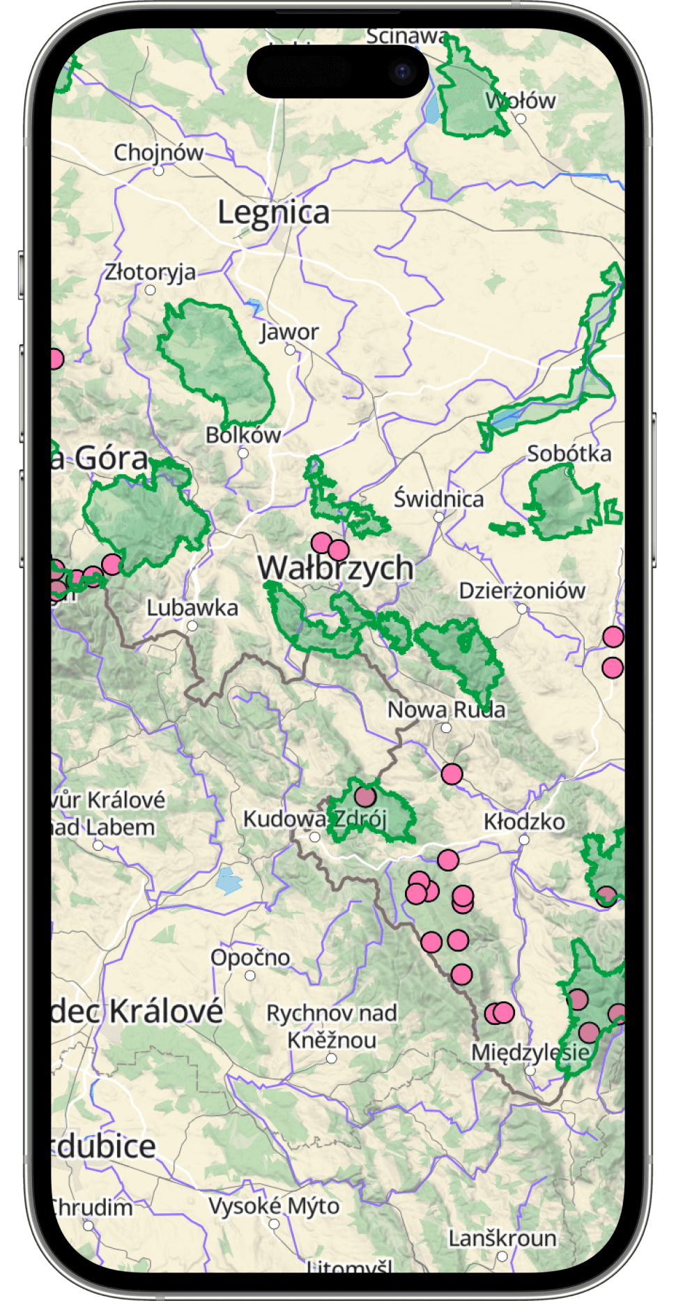 The Libelo app showing nature highlights on a map
